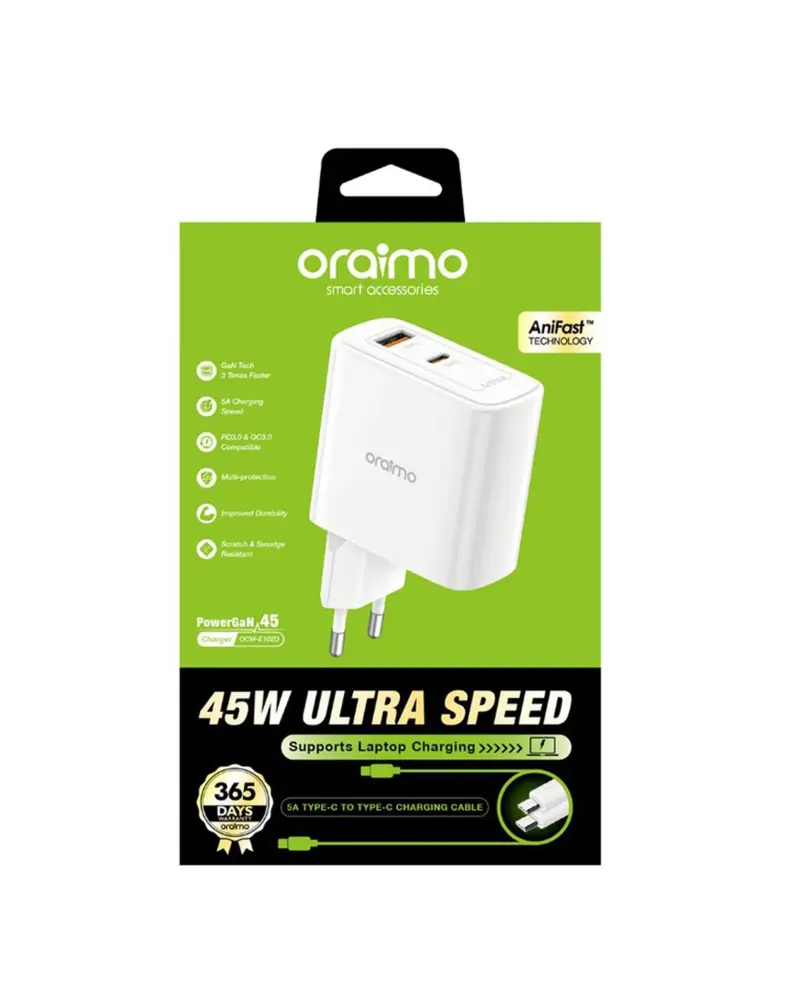 Chargeur Oraimo double port USB Type-C PowerGan 45W (OCW-E102D)