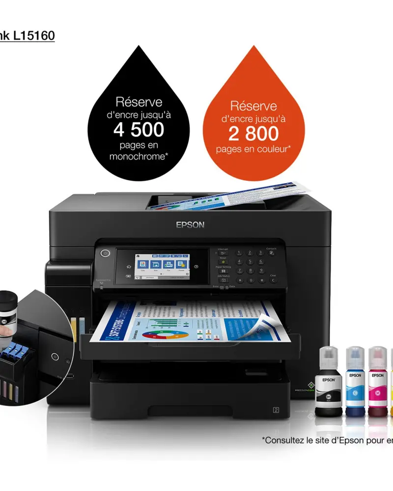 IMPRIMANTE EPSON ECOTANK L15160 COULEUR À RÉSERVOIRS RECHARGEABLES WI-FI A3 (C11CH71403)