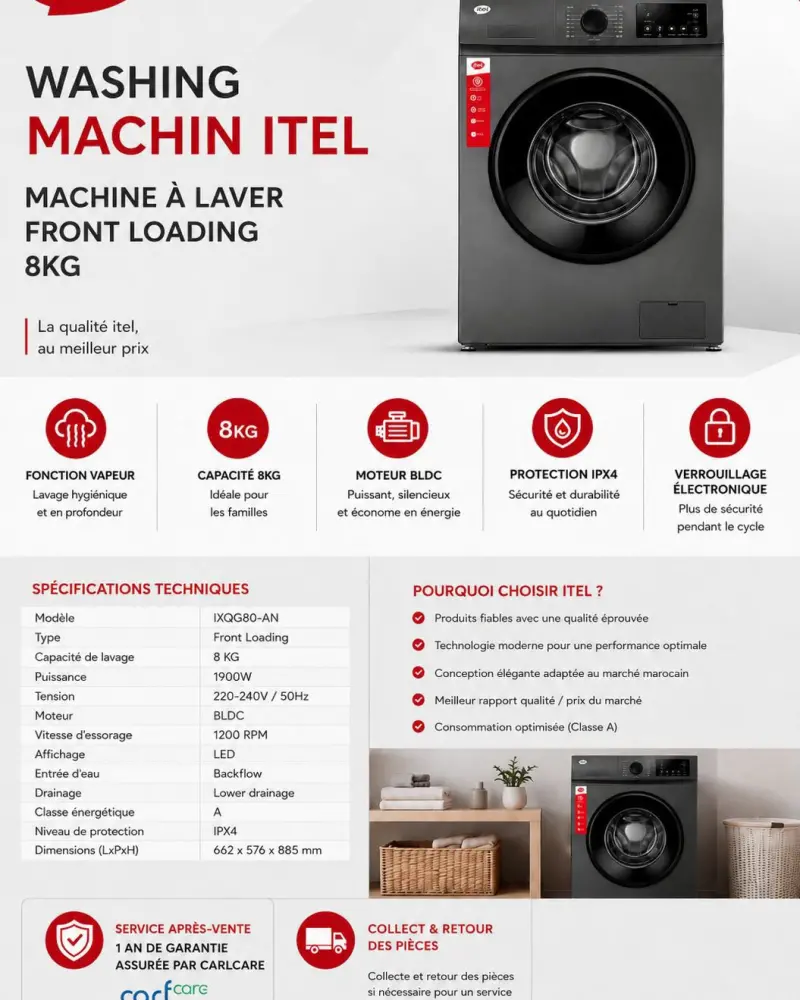 itel Lave-linge frontal 8 kg IXQG80-AN